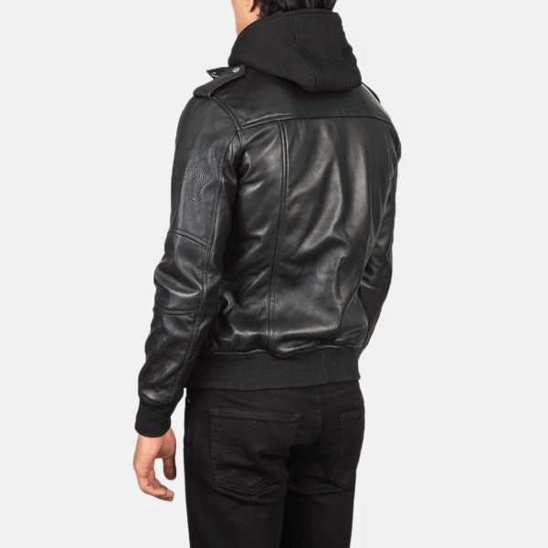 Bravado Black Hooded Leather Bomber Jacket - Image 5