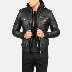 Black Hooded Leather Bomber Jacket with Removable Hood