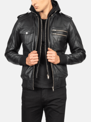 Black Hooded Leather Bomber Jacket with Removable Hood