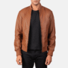 Brown leather bomber jacket Brown leather bomber jacket for men with varsity collar and rib-knit cuffs