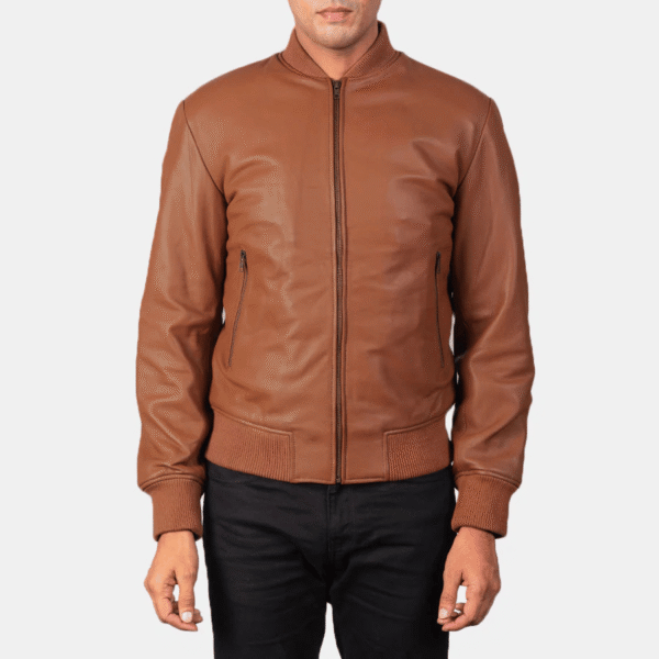 Brown leather bomber jacket - Image 3