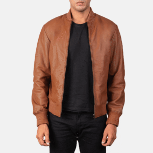 Brown leather bomber jacket for men with varsity collar and rib-knit cuffs