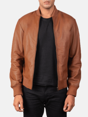 Brown leather bomber jacket for men with varsity collar and rib-knit cuffs
