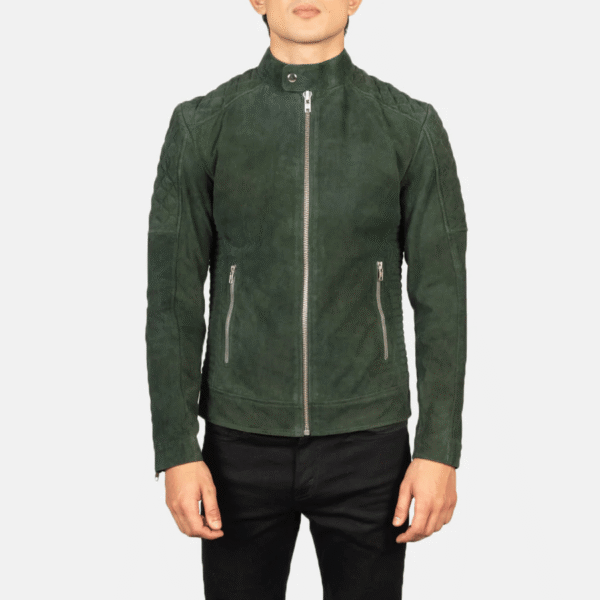 Fernando Men’s Green Suede Biker Jacket – Quilted Slim Fit Design - Image 2