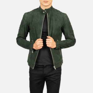 Fernando Men’s Quilted Green Suede Biker Jacket with Slim Fit