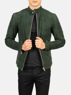 Fernando Men’s Quilted Green Suede Biker Jacket with Slim Fit