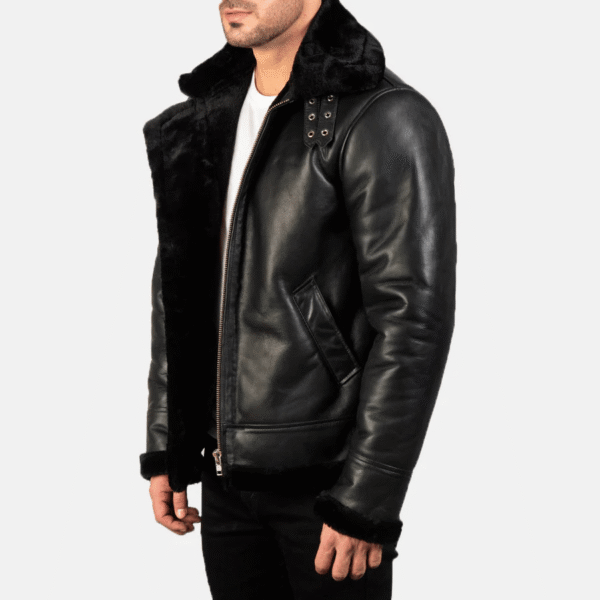 Francis B-3 Aviator Jacket – Black Leather Bomber with Shearling Lining - Image 2