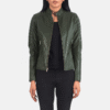 Green Quilted Leather Biker Jacket Women’s green quilted leather biker jacket with zipper closure and band collar