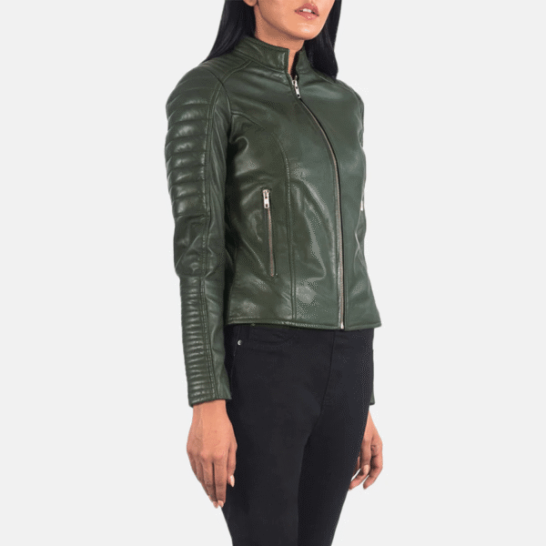 Quilted Green Leather Biker Jacket - Image 4