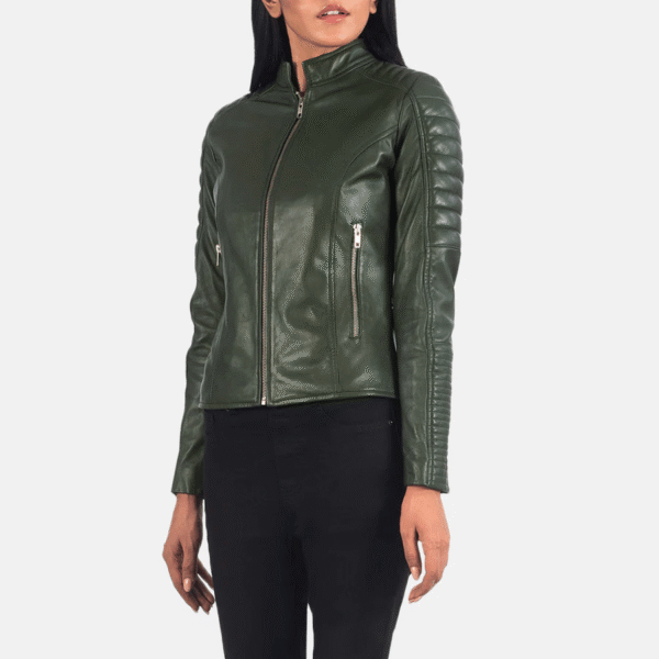 Quilted Green Leather Biker Jacket - Image 3