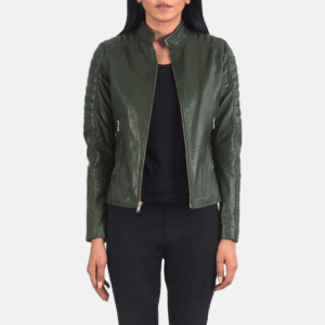 Women’s green quilted leather biker jacket with zipper closure and band collar