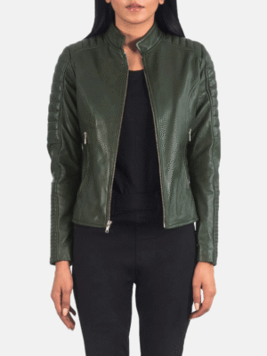 Women’s green quilted leather biker jacket with zipper closure and band collar