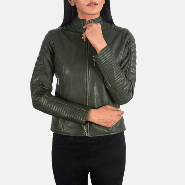 Quilted Green Leather Biker Jacket - Image 2