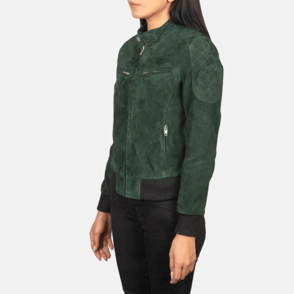 Women's Green Suede Bomber Jacket - Image 2