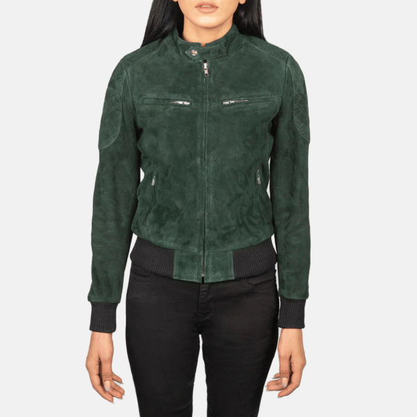 Women's Green Suede Bomber Jacket - Image 3