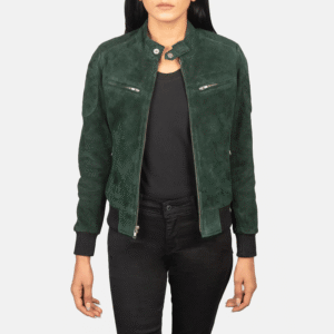 Green Suede Bomber Jacket for Women – Suede Leather with Rib Knit Cuffs and Snap Button Collar
