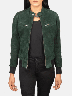 Green Suede Bomber Jacket for Women – Suede Leather with Rib Knit Cuffs and Snap Button Collar