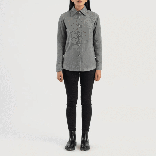 Grey Suede Leather Shirt Jacket - Image 2