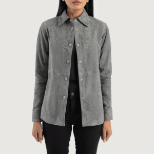 Grey Suede Leather Shirt Jacket for Women – Soft Suede with Leather Buttons and Shirt Collar