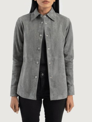 Grey Suede Leather Shirt Jacket for Women – Soft Suede with Leather Buttons and Shirt Collar
