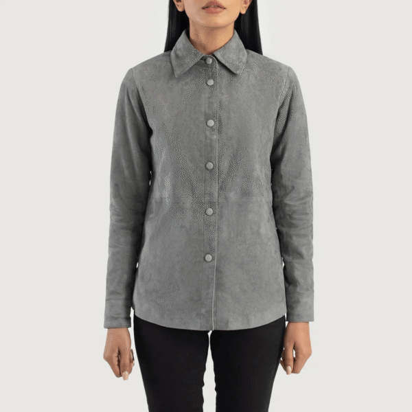 Grey Suede Leather Shirt Jacket - Image 4