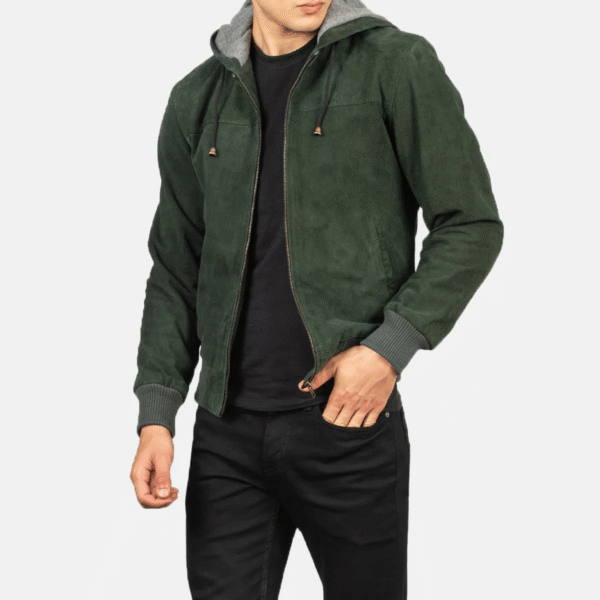 Men’s Green Hooded Suede Bomber Jacket – Nintenzo Classic Outerwear - Image 2
