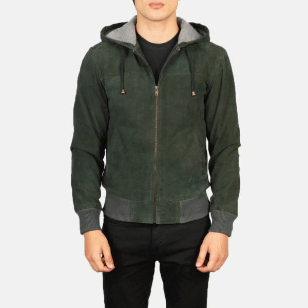 Men’s Green Hooded Suede Bomber Jacket – Nintenzo Classic Outerwear - Image 3