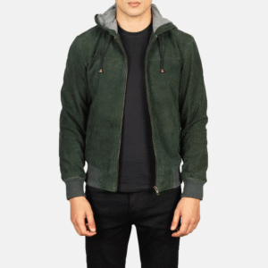 Men’s Green Hooded Suede Bomber Jacket – Nintenzo Classic Outerwear Front View