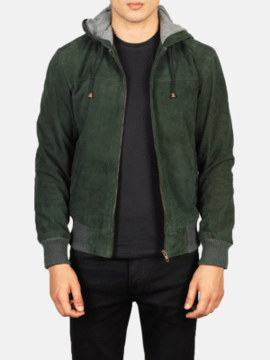 Men’s Green Hooded Suede Bomber Jacket – Nintenzo Classic Outerwear Front View