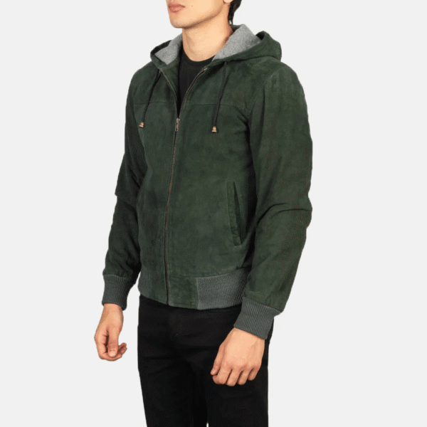 Men’s Green Hooded Suede Bomber Jacket – Nintenzo Classic Outerwear - Image 5