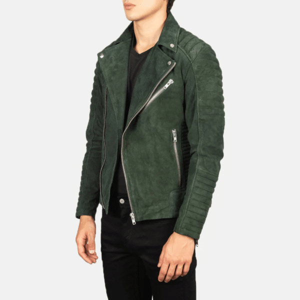 Men's Green Suede Biker Jacket – Slim Fit Motorcycle Style - Image 2