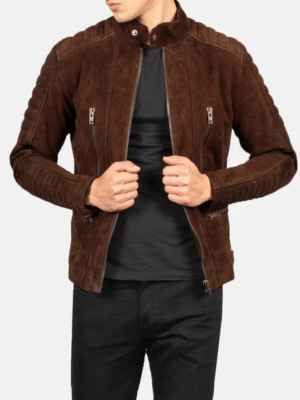 Men's Mocha Suede Biker Jacket with Adjustable Waist Straps