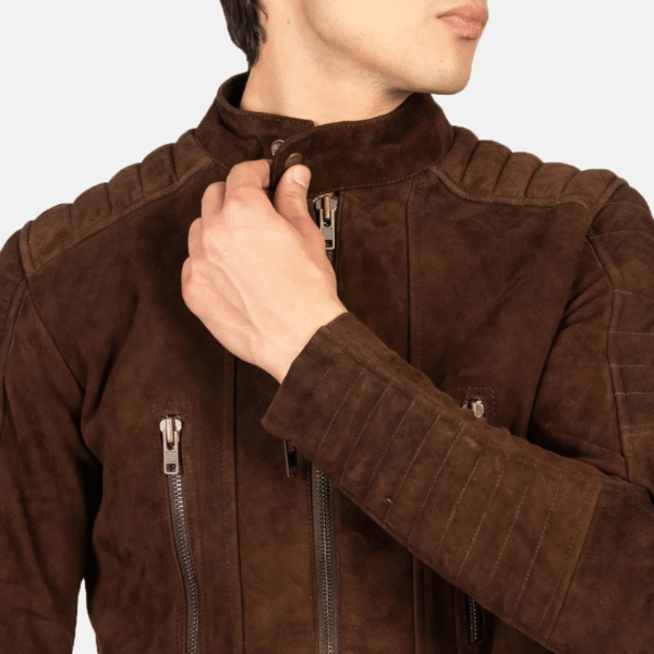 Men's Mocha Suede Biker Jacket with Adjustable Waist - Image 6
