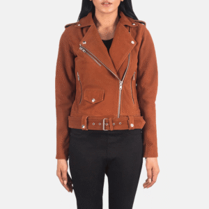 Premium brown suede biker jacket with sheepskin shell, notch collar, removable belt, and zipper pockets