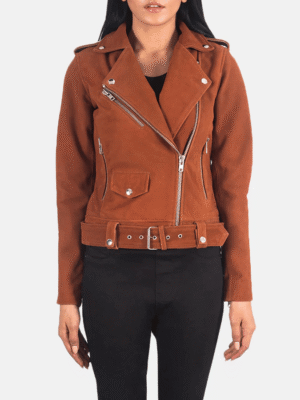Premium brown suede biker jacket with sheepskin shell, notch collar, removable belt, and zipper pockets