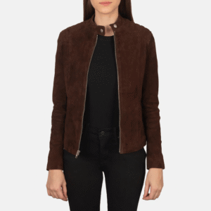 Mocha Suede Biker Jacket for Women – Dark Brown Suede Leather with Quilted Shoulders