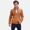Voltex Men's Genuine Tan Leather Biker Jacket Tan Leather Biker Jacket Front View