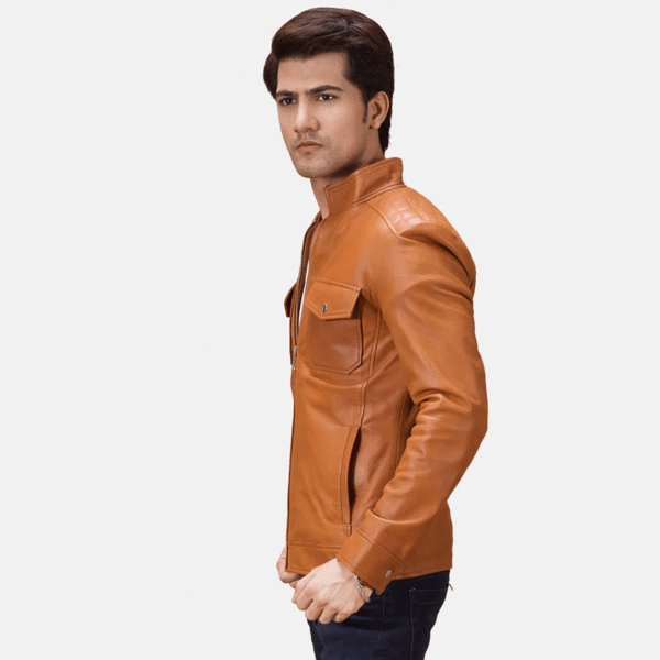 Voltex Men's Genuine Tan Leather Biker Jacket - Image 2