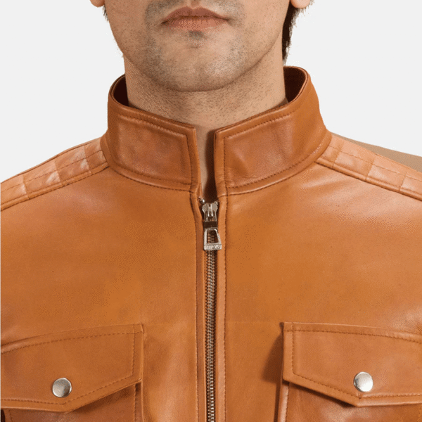 Voltex Men's Genuine Tan Leather Biker Jacket - Image 4