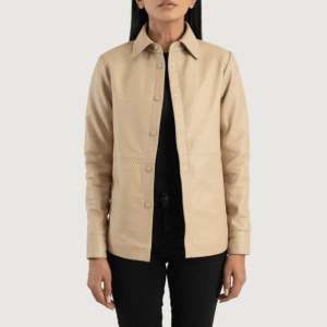 Women's Leather Shirt Jacket in Beige – Sheepskin with Shirt Collar and Leather Button Closure