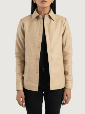 Women's Leather Shirt Jacket in Beige – Sheepskin with Shirt Collar and Leather Button Closure