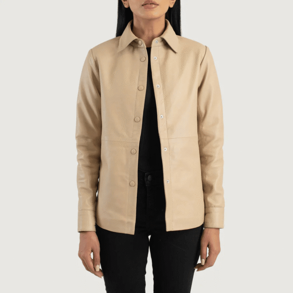 Women's Leather Shirt Jacket in Beige – Sheepskin with Shirt Collar and Leather Button Closure