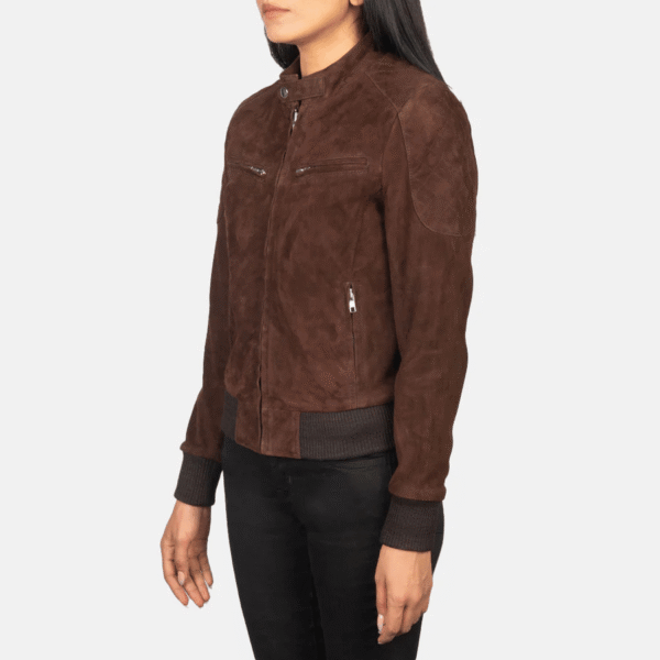 Women’s Mocha Suede Bomber Jacket – Zenna Classic Leather Style - Image 2